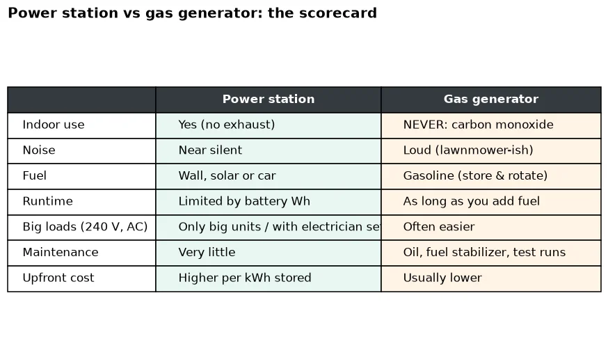 Table comparing power stations and gas generators on indoor use, noise, fuel, runtime, big loads, maintenance and upfront cost.