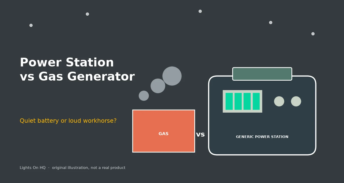 Illustration of a generic, unbranded power station facing a red gas generator puffing exhaust, with "vs" between them.